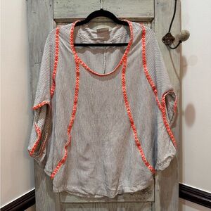 Boho pinstripe poncho top w/ batwing sleeves dolman embroidered S/M